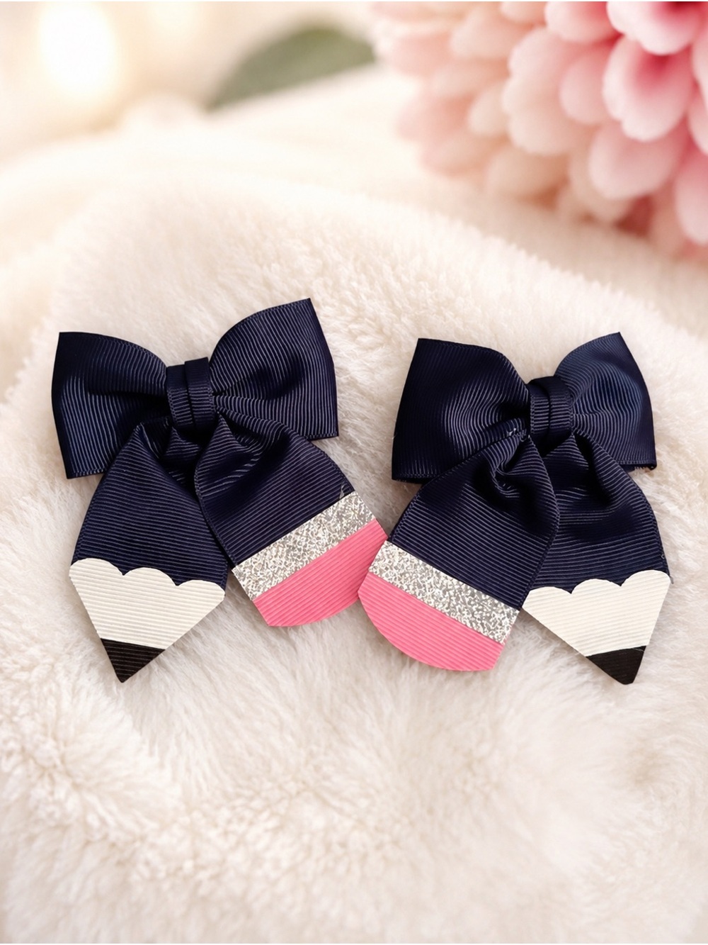 Navy Ribbon Pencil Hair Bows with Pink & Silver Accent Tips